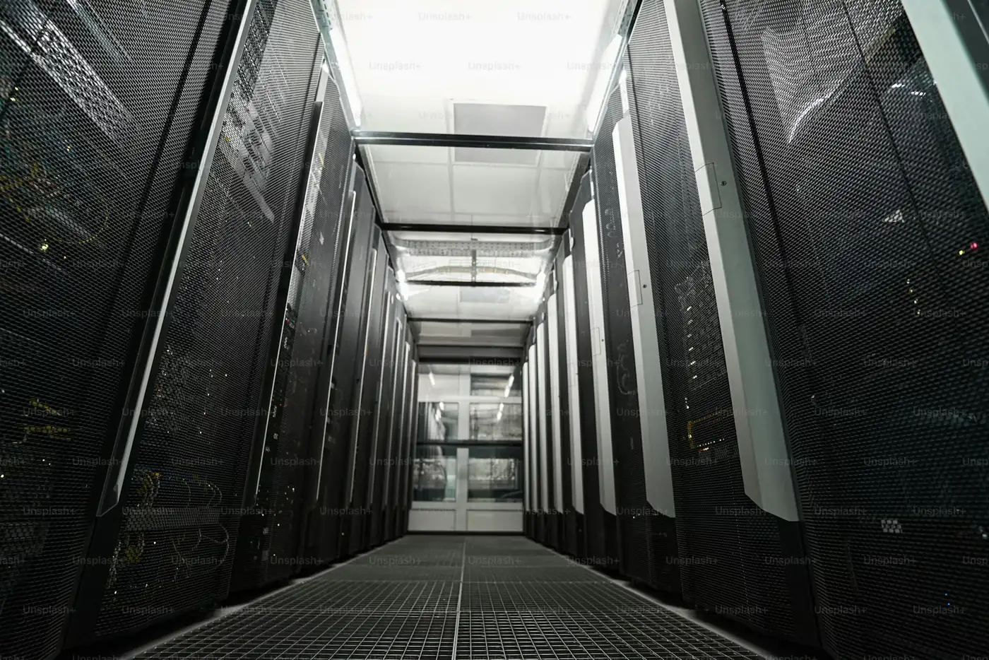 A passageway between server cabinets in a data center.